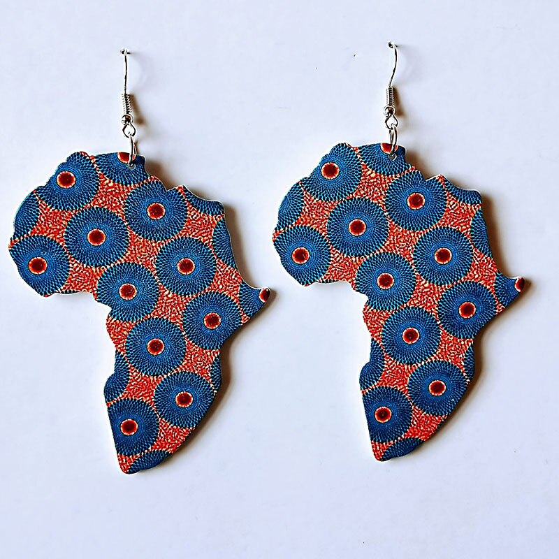 Wood Africa Map Printing Flower Geo Earring Vintage Party African Afro Jewelry Wooden DIY Club Gift