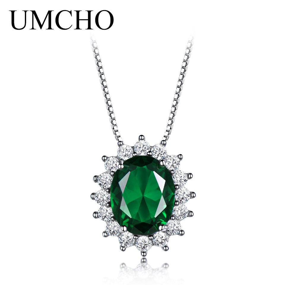 UMCHO Oval 8*10mm Gemstone Nano Emerald  Pendant 925 Sterling Silver Necklaces For Women Wedding Gift Fine Jewelry With Chain
