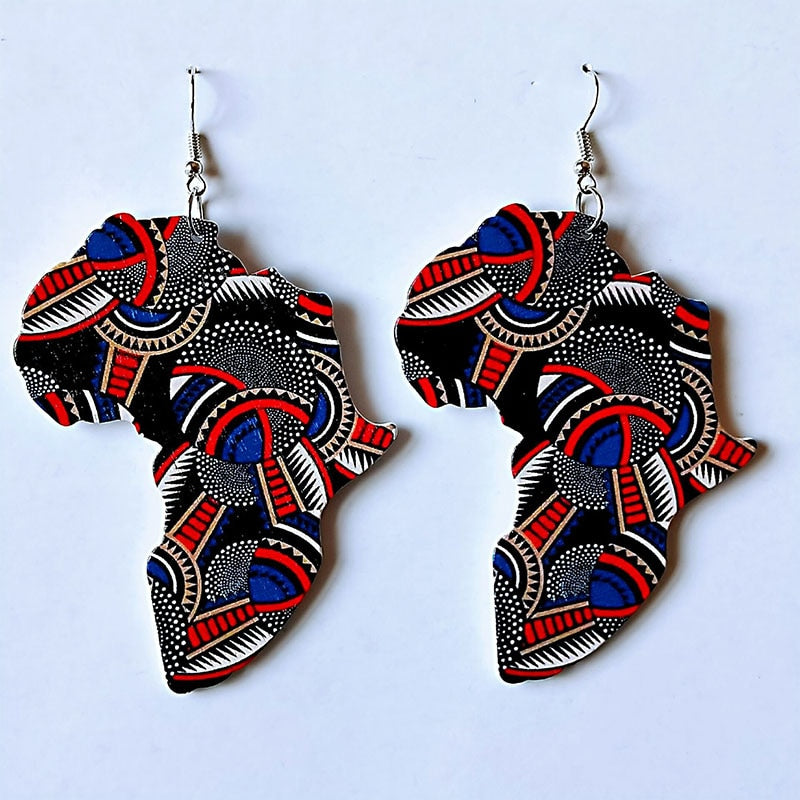 Wood Africa Map Printing Flower Geo Earring Vintage Party African Afro Jewelry Wooden DIY Club Gift