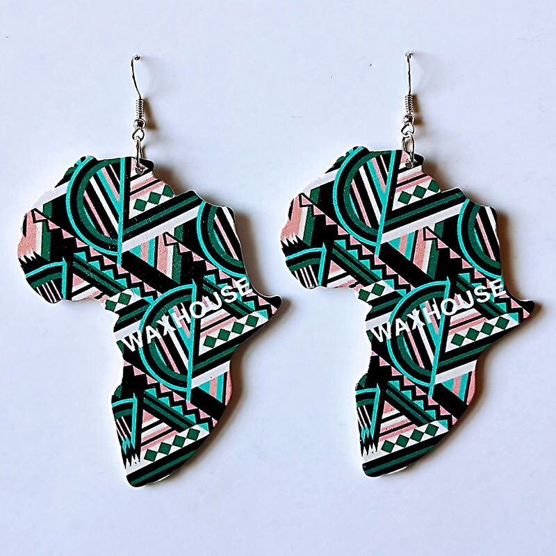 Wood Africa Map Printing Flower Geo Earring Vintage Party African Afro Jewelry Wooden DIY Club Gift