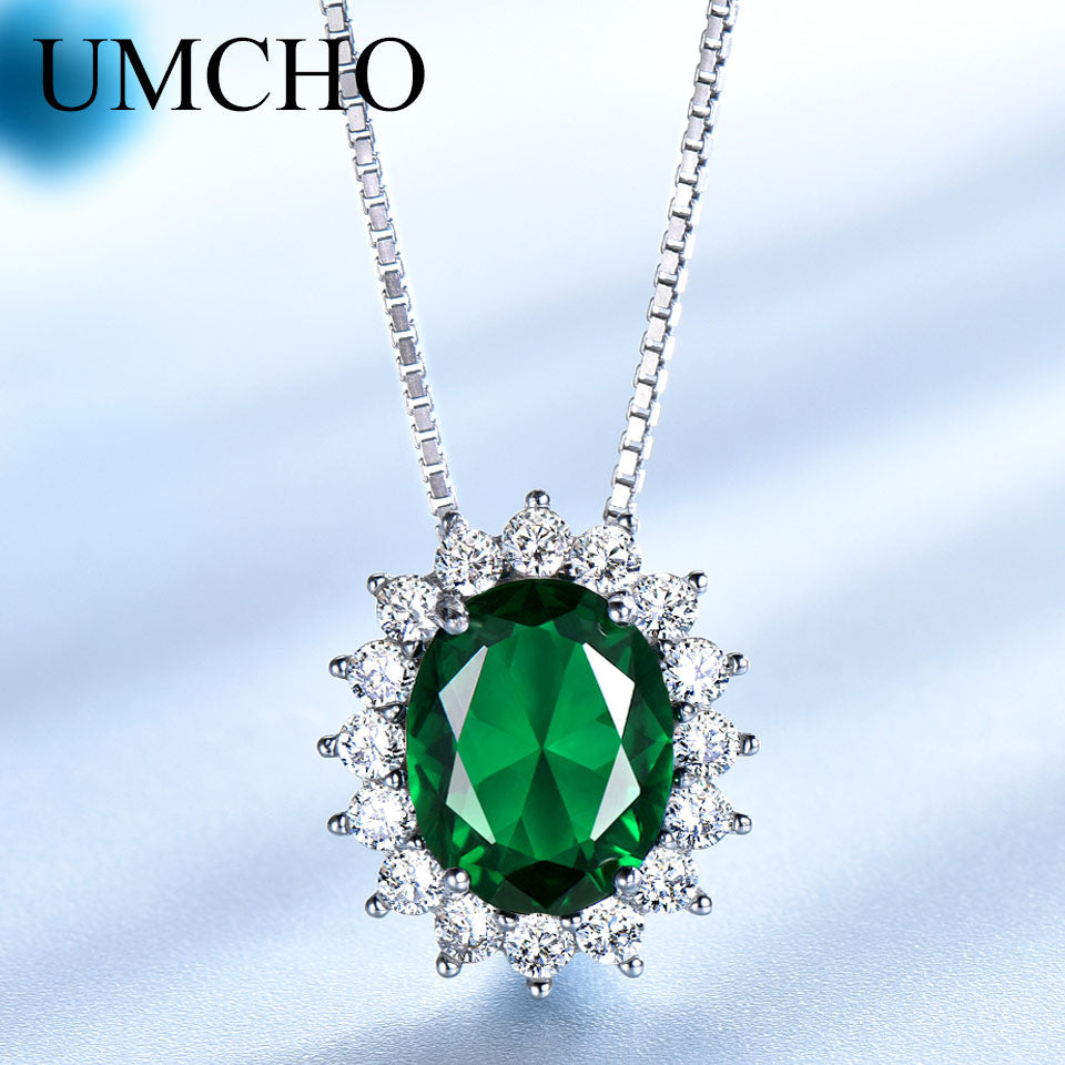 UMCHO Oval 8*10mm Gemstone Nano Emerald  Pendant 925 Sterling Silver Necklaces For Women Wedding Gift Fine Jewelry With Chain