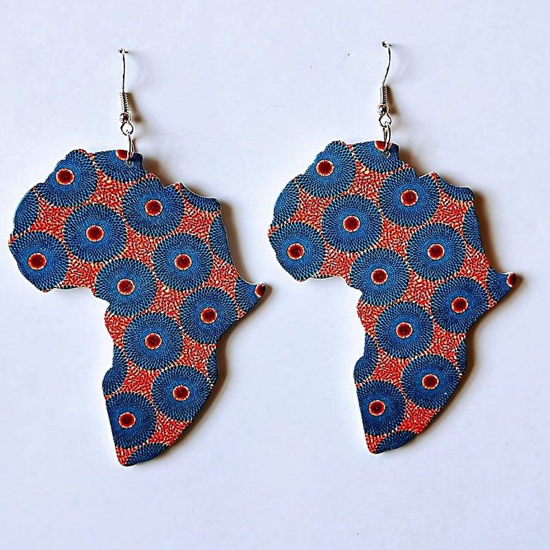 Wood Africa Map Printing Flower Geo Earring Vintage Party African Afro Jewelry Wooden DIY Club Gift