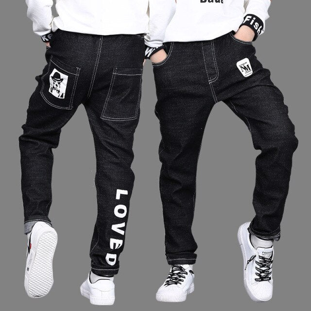 Casual Big Boys Jeans Pants Autumn Washing Black Denim Trousers Kids Cartoon Long Pant Children Clothing 4 8 12 13Years New 2020
