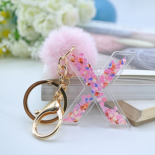 1PC Women Letter Keychains  26 Glitter Hollowed-Out English Alphabet  Keyring Handbag Crafts with Puffer Ball