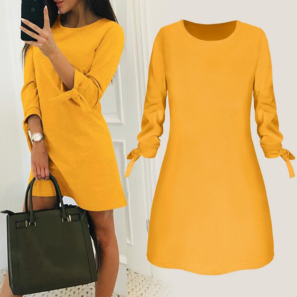 New Dress For Women O-neck Solid Bow Elegant Winter Straigth Dress Spring Loose Mini Dresses Plus Size Ropa De Mujer 2021