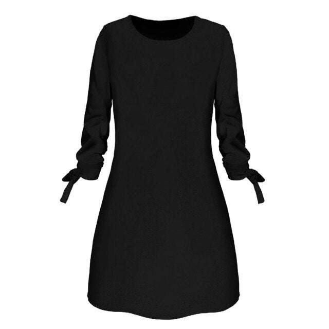 New Dress For Women O-neck Solid Bow Elegant Winter Straigth Dress Spring Loose Mini Dresses Plus Size Ropa De Mujer 2021