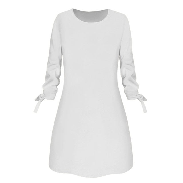 New Dress For Women O-neck Solid Bow Elegant Winter Straigth Dress Spring Loose Mini Dresses Plus Size Ropa De Mujer 2021