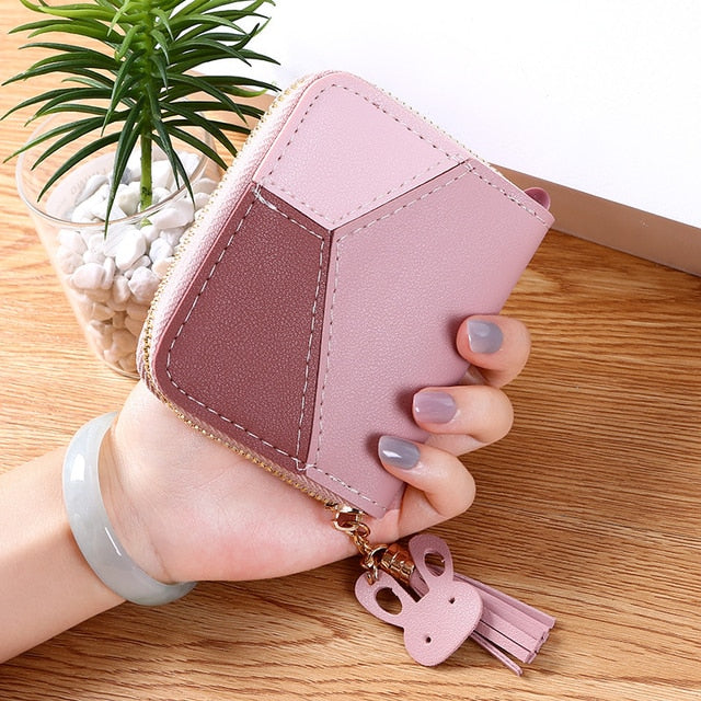 Geometric Luxury Brand Women Leather Wallets Long Zipper Tassel Design Coin Purses Clutch Female Patchwork Credit Card Holder