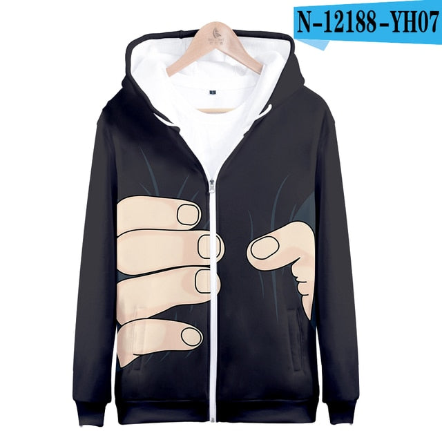 Big finger zipper hoodies fashion man boy zipper clothing woman girl 3D hooded sweatshirt pocket long sleeve casual fun jacket