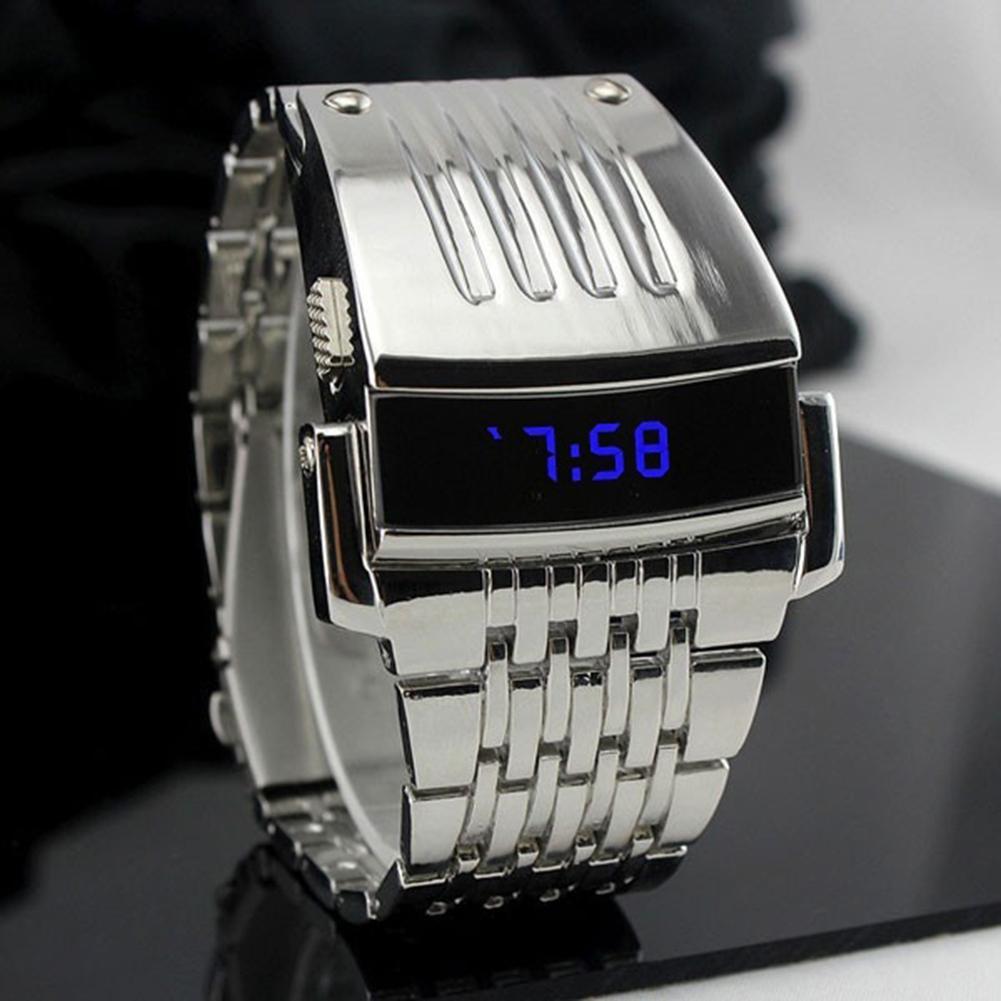 Fashion Blue Watches LED Display Wide Stainless Steel Band Men Digital Wrist Watch Gift Retro Simple Electronic Men's Watches