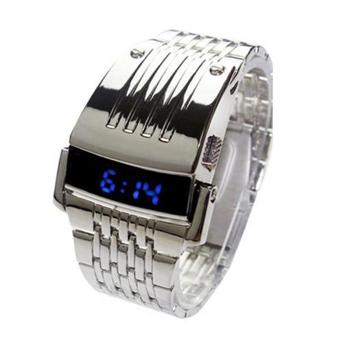 Fashion Blue Watches LED Display Wide Stainless Steel Band Men Digital Wrist Watch Gift Retro Simple Electronic Men's Watches
