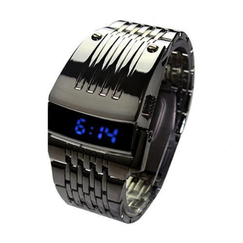 Fashion Blue Watches LED Display Wide Stainless Steel Band Men Digital Wrist Watch Gift Retro Simple Electronic Men's Watches