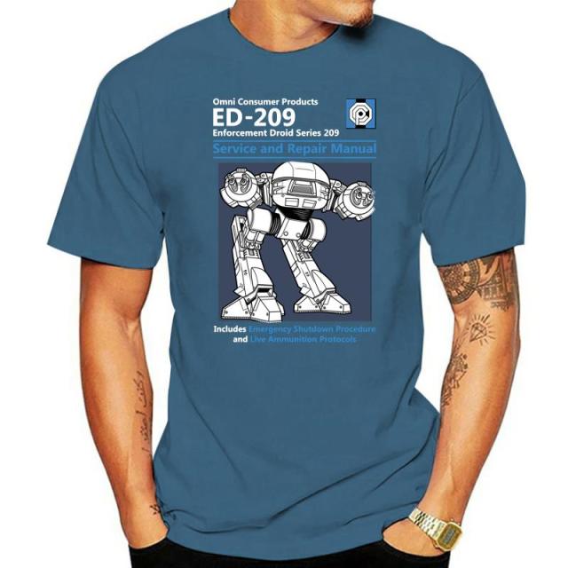 Blue Men T Shirt Summer Fashion Casual Tshirt Printing Robot ED 209 Men's Top Quality Full Cotton Clothing Mens Tee Shirt