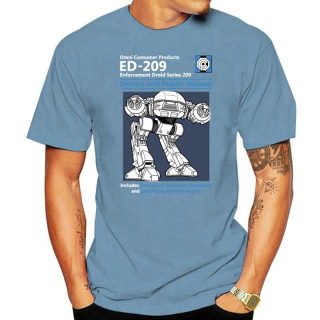 Blue Men T Shirt Summer Fashion Casual Tshirt Printing Robot ED 209 Men's Top Quality Full Cotton Clothing Mens Tee Shirt