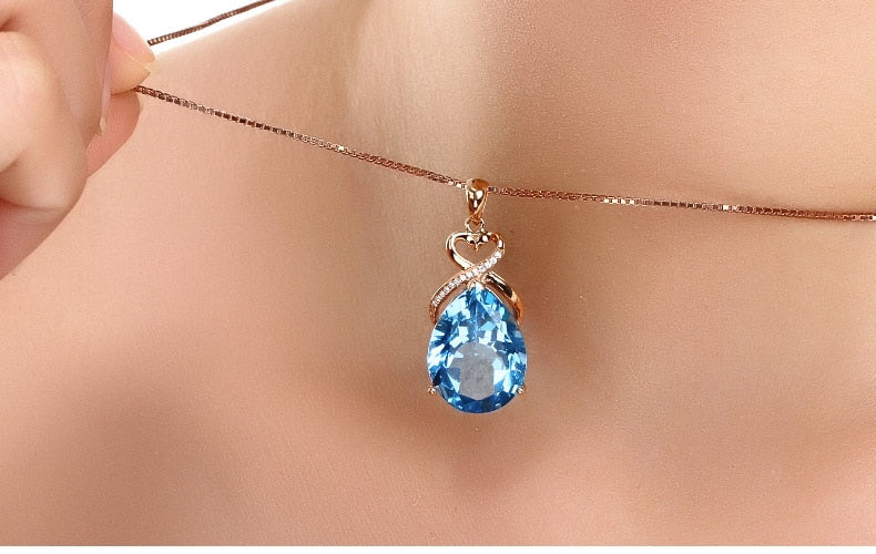 Natural Sapphire 14K Rose Gold Necklace Pendant for Women Bohemia Wedding White Topaz Pure Pendants Fine Fashion Jewelry Luxury