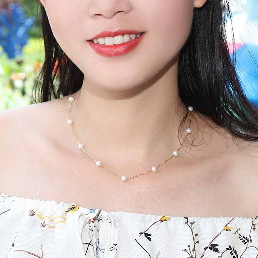 [YS] 18K Gold 5-5.5mm White Pearl Necklace China Freshwater Pearl Necklace Jewelry