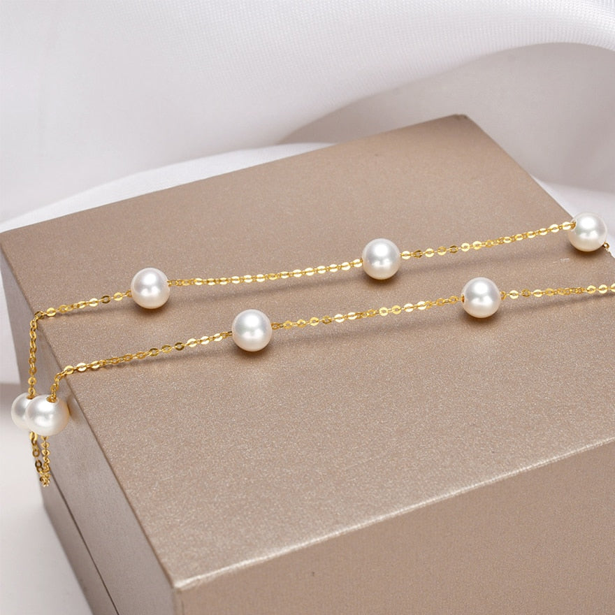 [YS] 18K Gold 5-5.5mm White Pearl Necklace China Freshwater Pearl Necklace Jewelry