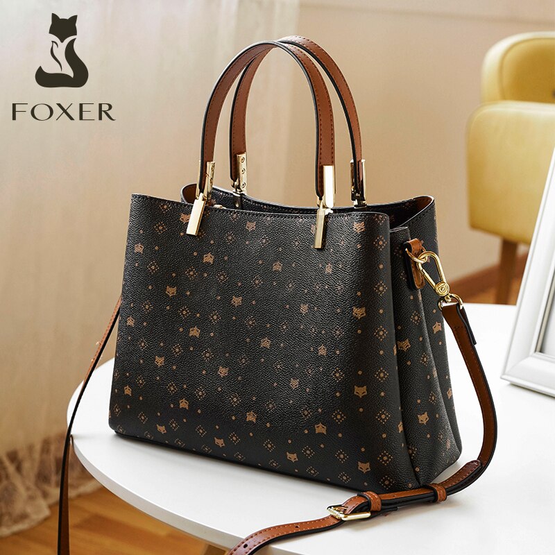 FOXER Signature Handbag Women Fall Winter Crossbody Bag PVC Leather Monogram Vintage Stylish Lady Shoulder Bag Large Capacity