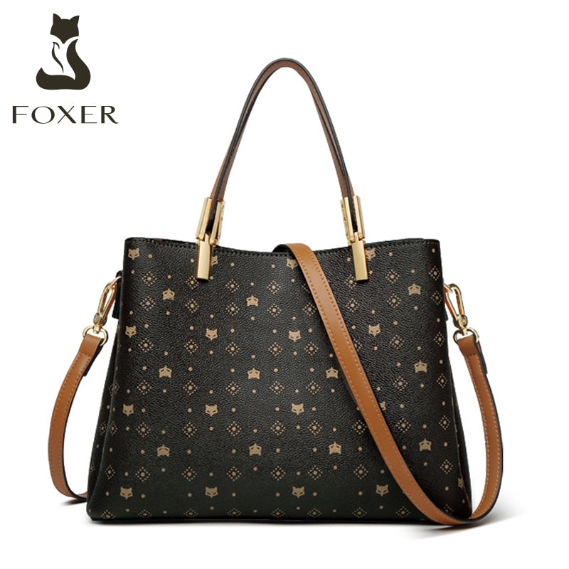 FOXER Signature Handbag Women Fall Winter Crossbody Bag PVC Leather Monogram Vintage Stylish Lady Shoulder Bag Large Capacity