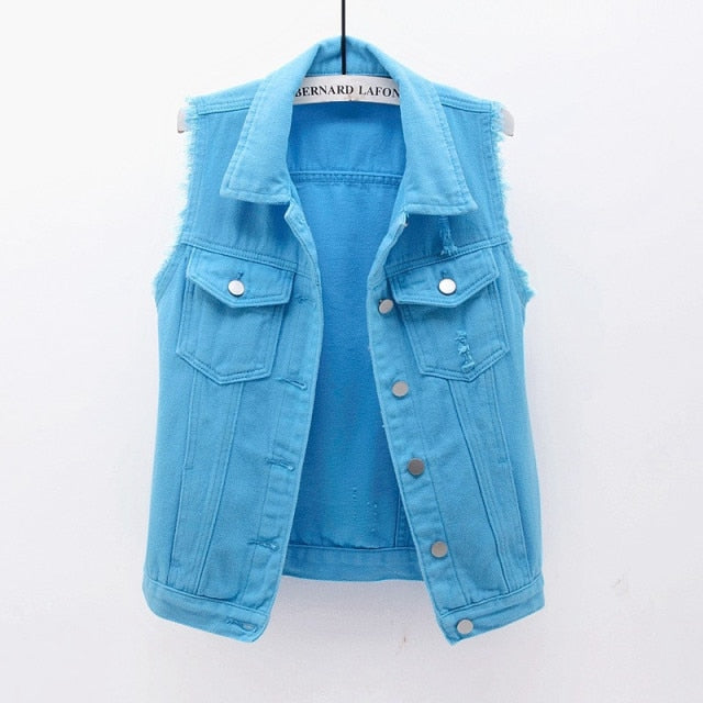 Autumn Women Plus size Denim Vest Sleeveless Waistcoat Students Casual Tops Jeans Jackets Red Pink Purple Yellow Blue White KW03