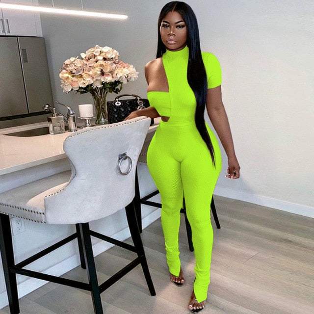 ANJAMANOR Sexy Women Jumpsuits and 2 Piece Pant Sets Club Wear Fashion Asymmetric Hollow Out Bodycon Romper Spring 2021 D85-CE31