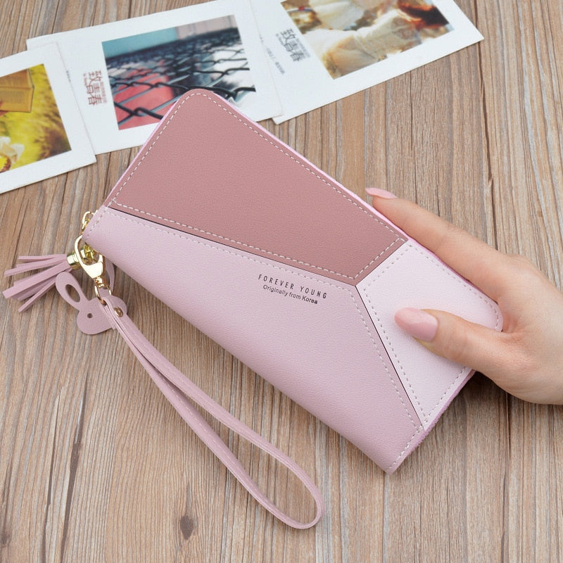 Geometric Luxury Brand Women Leather Wallets Long Zipper Tassel Design Coin Purses Clutch Female Patchwork Credit Card Holder