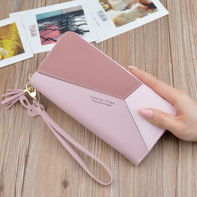 Geometric Luxury Brand Women Leather Wallets Long Zipper Tassel Design Coin Purses Clutch Female Patchwork Credit Card Holder