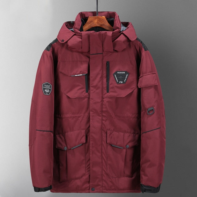 Men's White Duck Down Jacket Cargo Warm Hooded Thick Puffer Jacket Coat Couple High Quality Overcoat Thermal Winter Parka Men